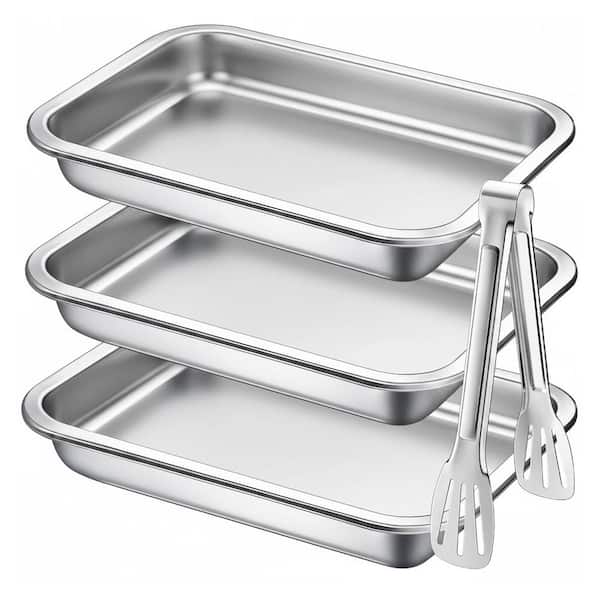 Silver Stainless Steel Breading Tray Set with Tong, Food Prep Pans for Dredging Chicken, Marinating Meat, 3 Piece