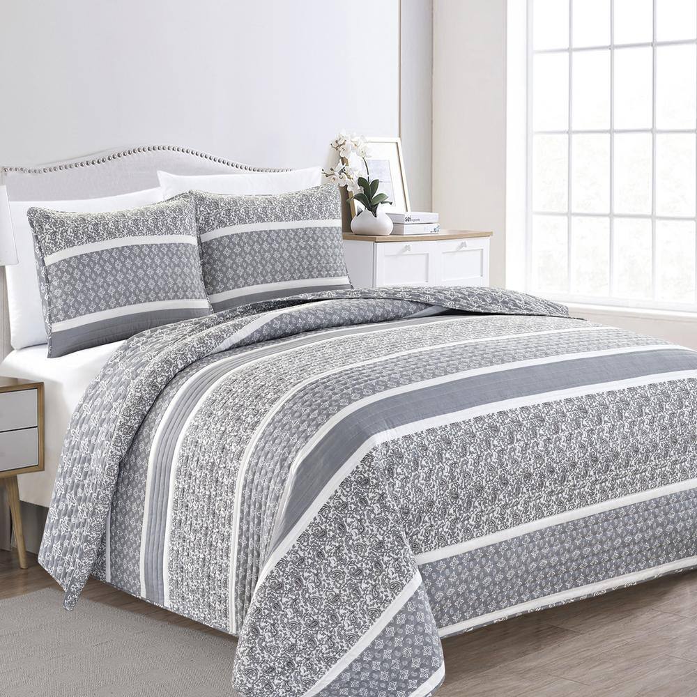FRESHFOLDS Grey Full/Queen Paisley Floral Reversible 3Piece Microfiber
