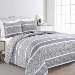 Grey Full/Queen Paisley Floral Reversible 3-Piece Microfiber Quilt Set Bedspread