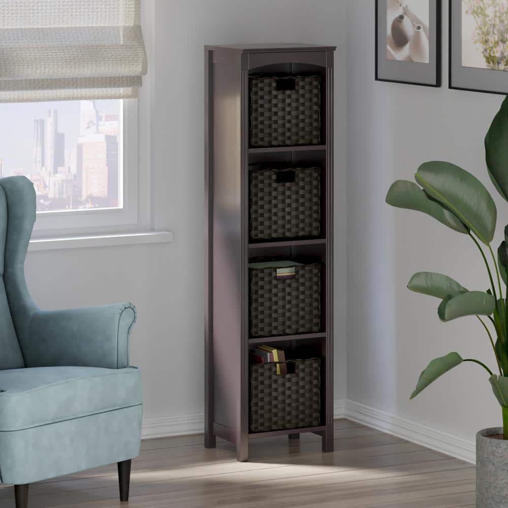 Espresso Solid Wood Terrace Storage Shelf with Chocolate Woven Baskets