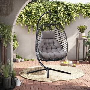 75 in. Grey Flame C-Shape Bracket Outdoor Patio Wicker Rattan Steel Swing Chair with Quick Dry Cushion