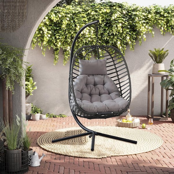 Satico 75 in. Grey Flame C-Shape Bracket Outdoor Patio Wicker Rattan Steel Swing Chair with Quick Dry Cushion