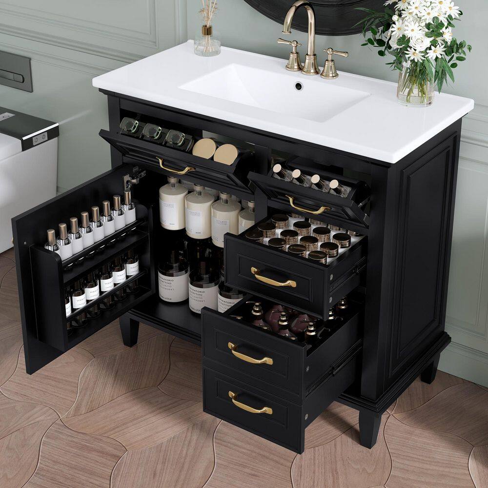 36 in. Single Sink Freestanding Black Bath Vanity with White Ceramic Top
