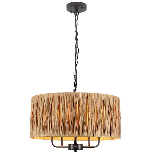 19 in. 5-Light Black Bohemian Raffia Dimmable Chandelier with Hand-Woven Drum Shade for Kitchen Dining Room Entryway