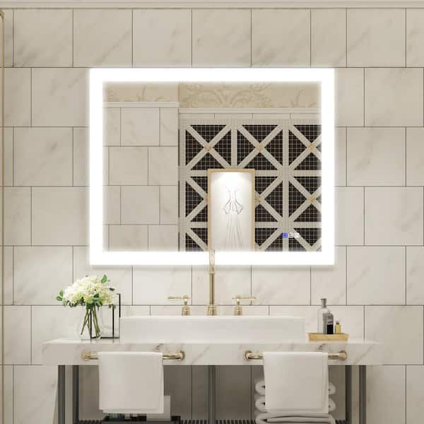 ANGELES HOME 40 in. W x 32 in. H Rectangular Metal Framed Anti-Fog Dimmable Wall Bathroom Vanity Mirror in Silver