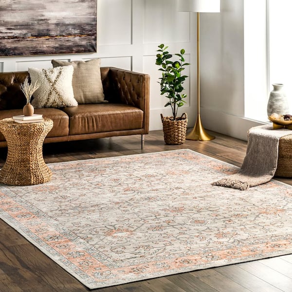 Marlena Faded Floral Machine Washable Peach 8 ft. x 10 ft. Indoor Rectangle Area Rug