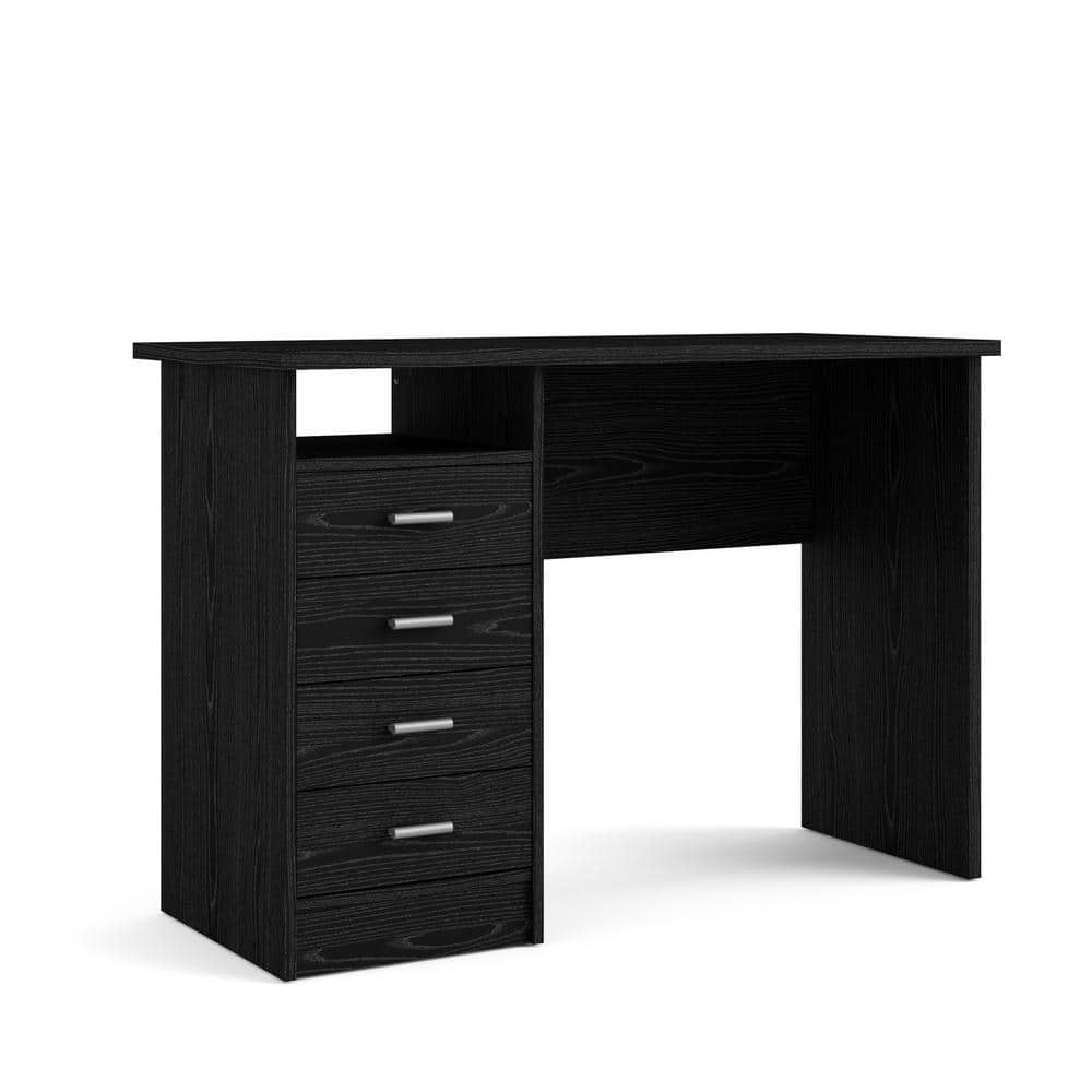Black Woodgrain Desk with Four Drawers and Open Shelf