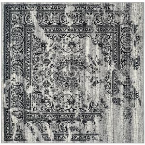 Adirondack Silver/Black 4 ft. x 4 ft. Square Floral Border Area Rug