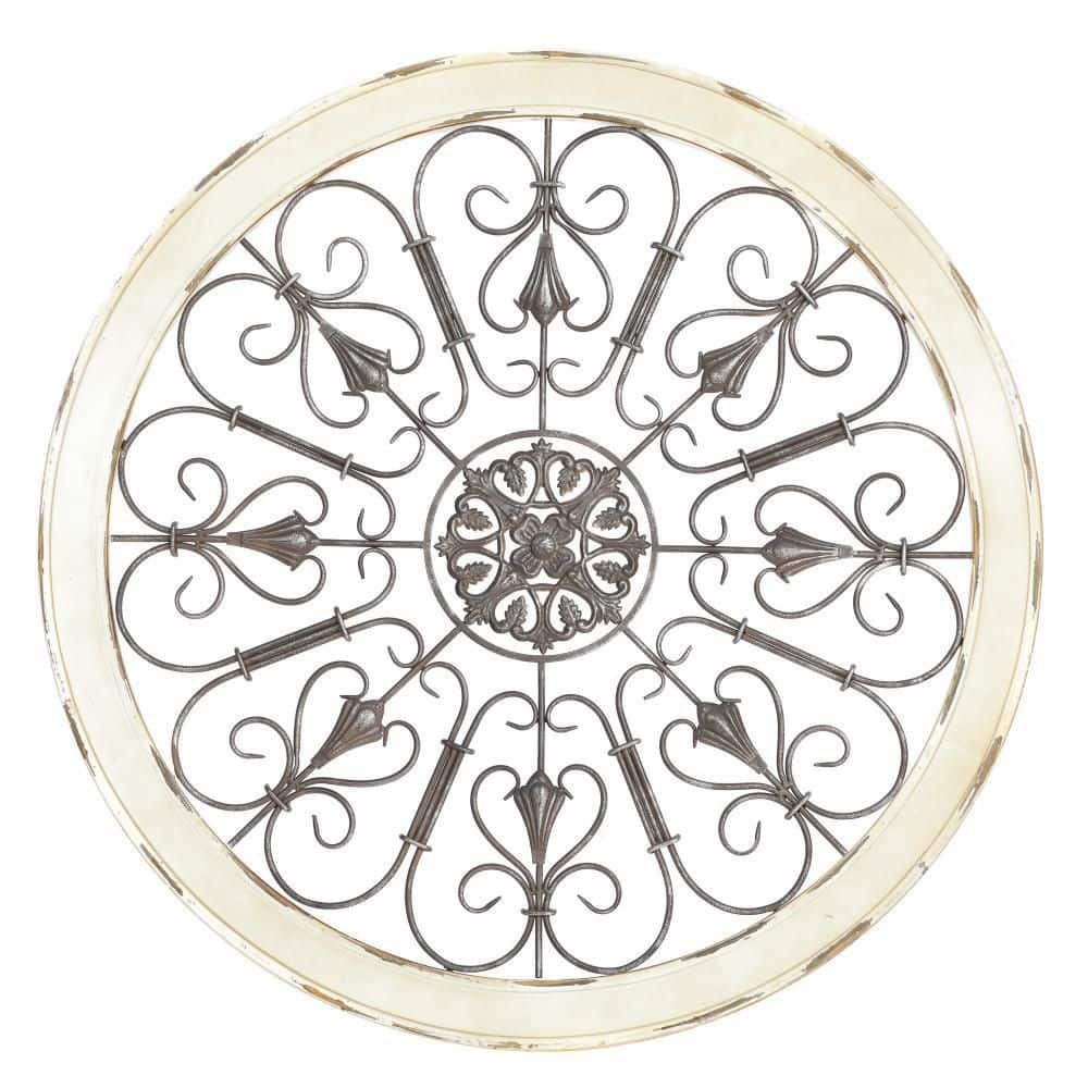 White Distressed Wood and Iron Scroll Wall Decor, 36" Round