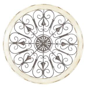 Wood White Window Inspired Scroll Wall Decor with Metal Scrollwork Relief