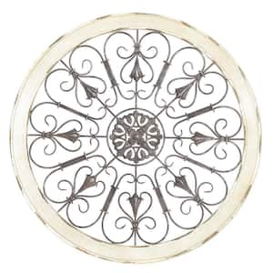 36 in. x  36 in. Wood White Window Inspired Scroll Wall Decor with Metal Scrollwork Relief