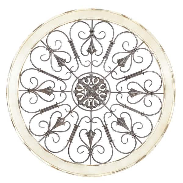 36 in. x 36 in. Wood White Window Inspired Scroll Wall Decor with Metal Scrollwork Relief