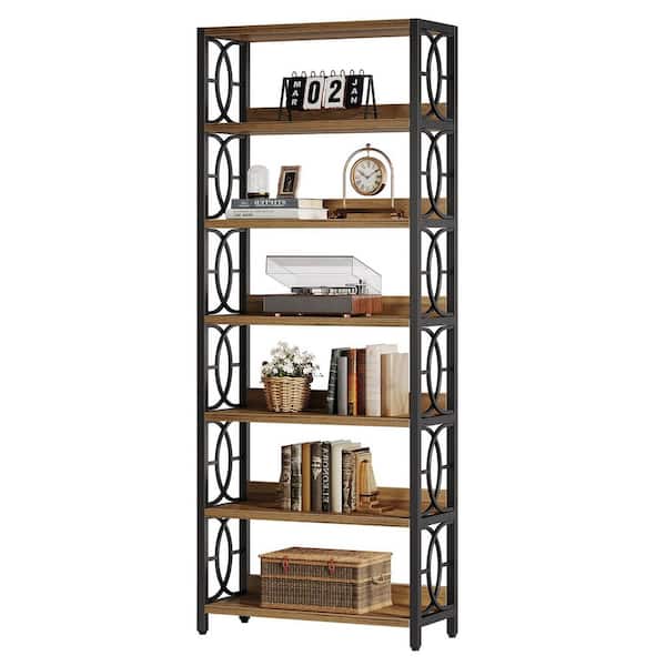 BYBLIGHT Eulas 70.87 in. Tall Brown and Black MDF Bookcase with 6 Open Shelves, Industrial Freestanding Bookshelf
