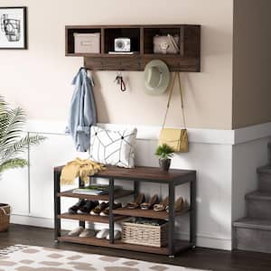 Howard Brown Wood 32 in. Shoe Rack with Coat Hooks, Hall Tree with Shoe Bench and Shelves