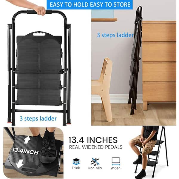 600lbs Heavy Duty Wide Pedal Folding Step Ladder Anti-Slip Steel 3 Step Ladder with Handgrip for Home and Office Use