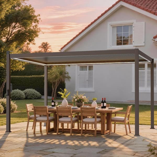 10 ft. x 13 ft. LED Modern Steel Louvered Pergola Outdoor Pergola with Adjustable Roof for Backyard, Brown