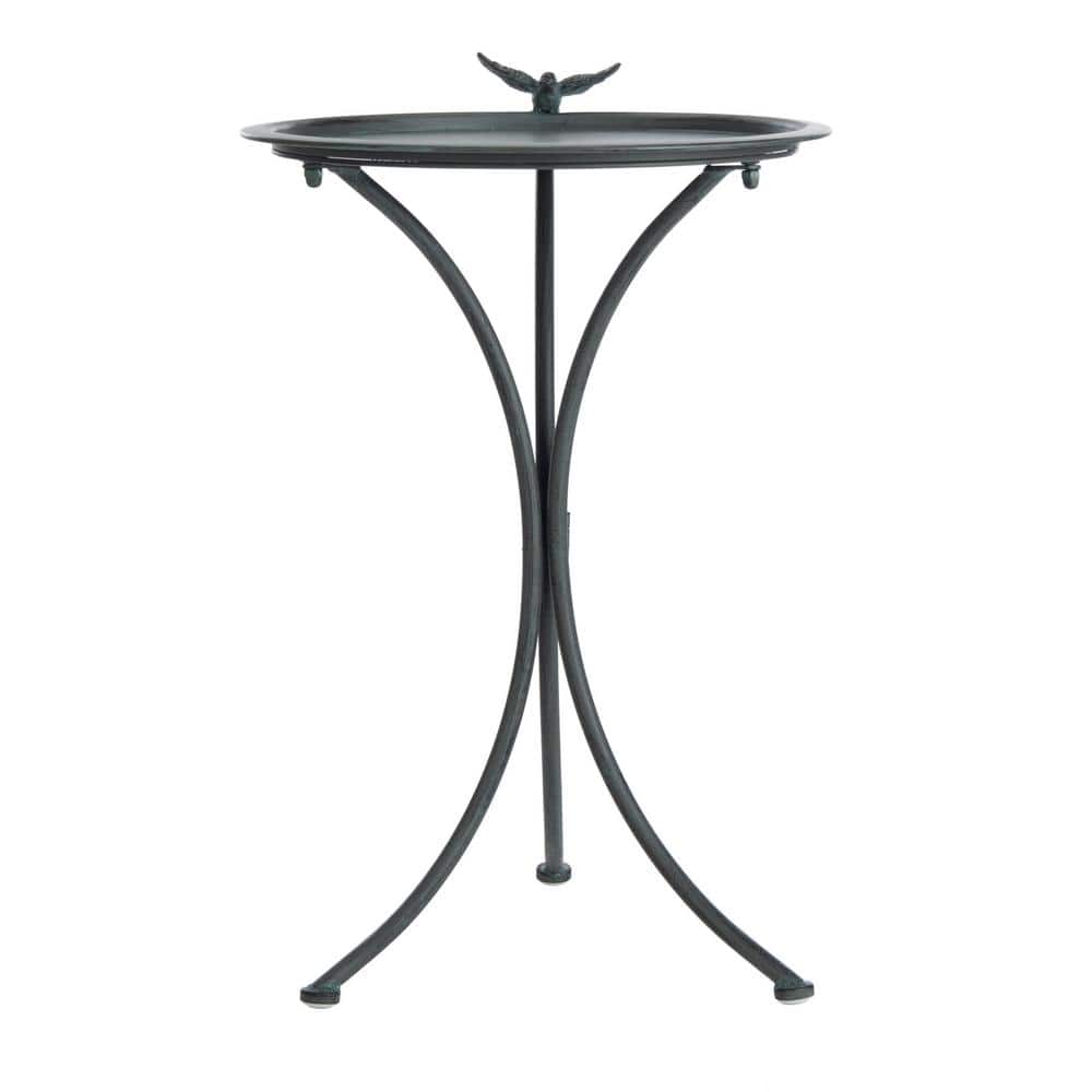 Antique Gray Metal Birdbath with Sculptural Bird Ornament