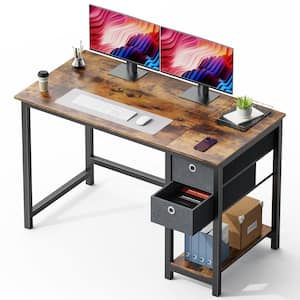 47 in. Rectangular Rust Wood Computer Desk with 2-Tier Drawers Storage Shelf and Side Headphone Hook