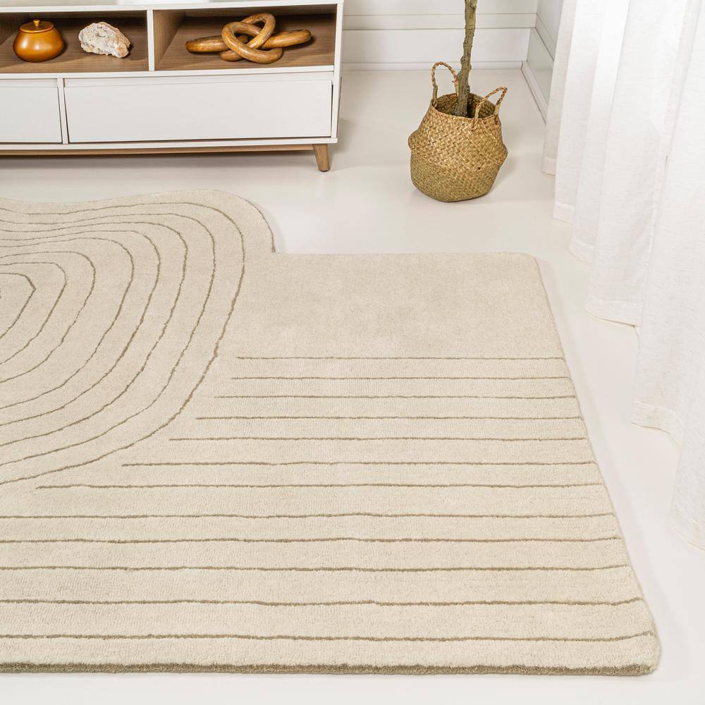 Ivory Beige Abstract Handwoven Wool 6' x 9' Area Rug