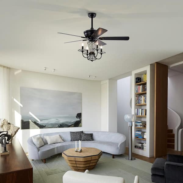 52 in. Indoor Matte Black Crystal Chandelier Fan with Lights and Remote Control, Modern Ceiling Fan