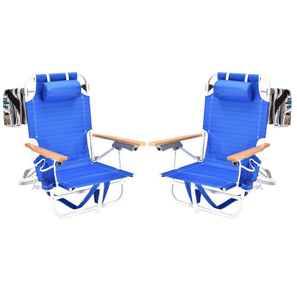 13 in. H 2-Pieces Blue Aluminium Folding 5-Position Backpack Beach Chairs w