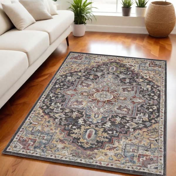 5 ft. x 7 ft. Brown and Yellow Floral Medallion Distressed Area Rug