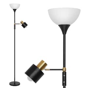 74 in. Black Industrial 2-Light 2-in-1 Torchiere Tree Floor Lamp with Adjustable Reading Light for Living Room