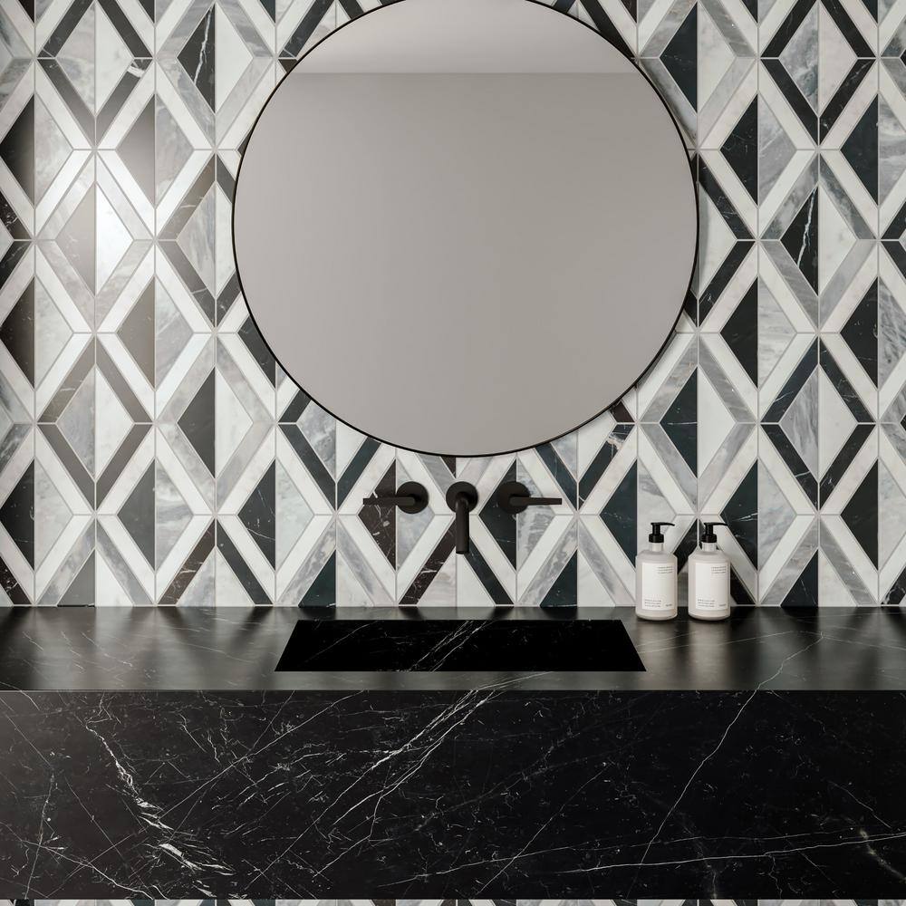 Arlo Geometric Black and White Marble Mosaic Tile