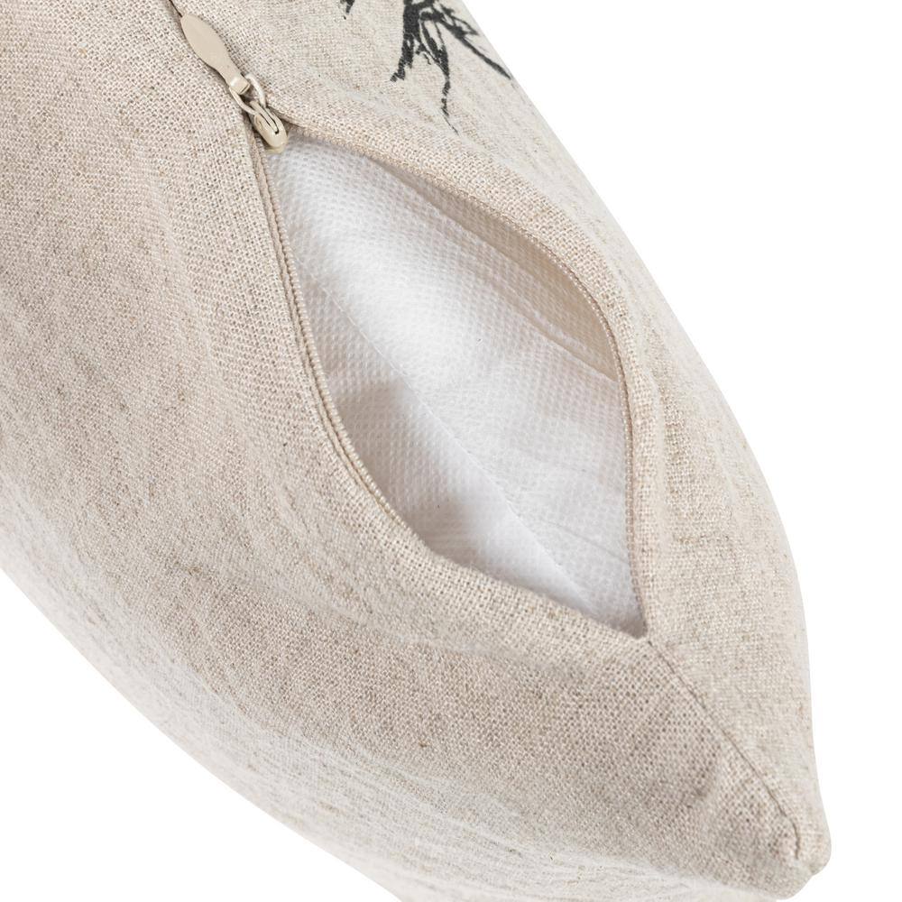 Natural Linen Blend Lumbar Pillow with Floral and Bird Design