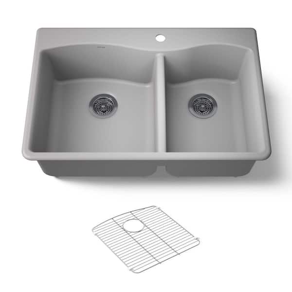KOHLER Kennon Matte Grey Solid Surface 33 in. Double Bowl Drop-In Kitchen Sink