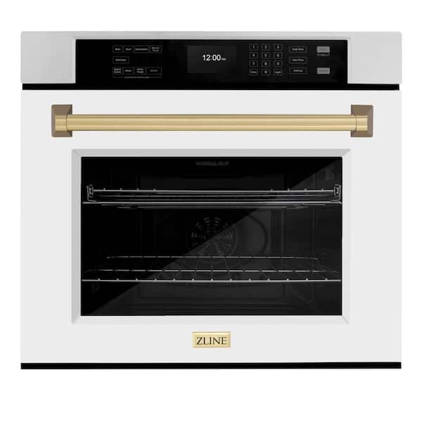 Autograph Edition 30 in. Electric Single Wall Oven in Stainless Steel with White Matte Door and Champagne Bronze Handle