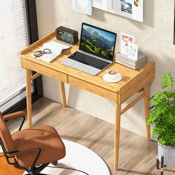 Costway 39.5 in. Rectangle Natural Bamboo 2-Drawer Desk with Open