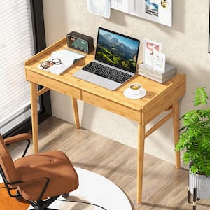 39.5 in. Rectangle Natural Bamboo 2-Drawer Desk with Open Shelf