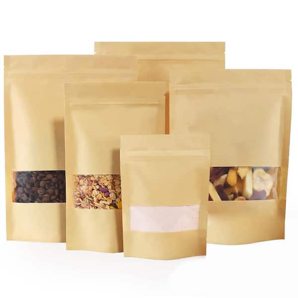 Unbranded Kraft Paper Bags with Window 3.5 x 5.5 Food Storage Stand Up Pouches Zip Lock Reusable Sealable 100 Piece