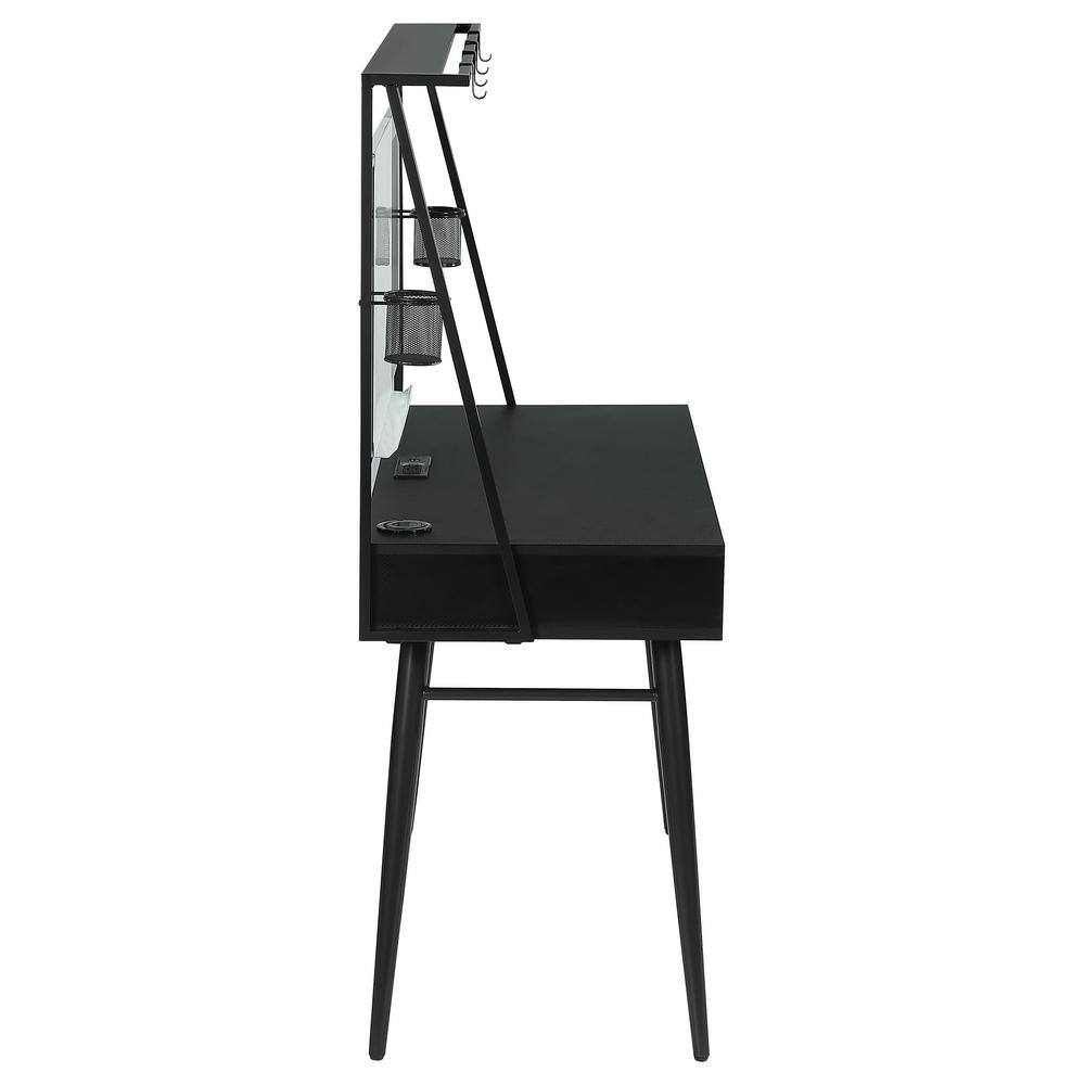 Black Wood Desk with Hutch, USB Ports, and Power Outlet