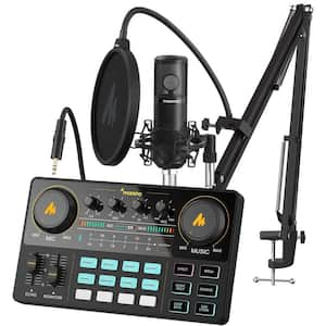 All in One Production Podcast Audio Mixer in Black with Special Effects and Microphone for Live Streaming