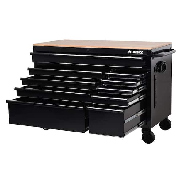 52 in. W x 24.5 in. D Standard 10-Drawer Mobile Workbench Tool Chest with Solid Wood Top in Gloss Black