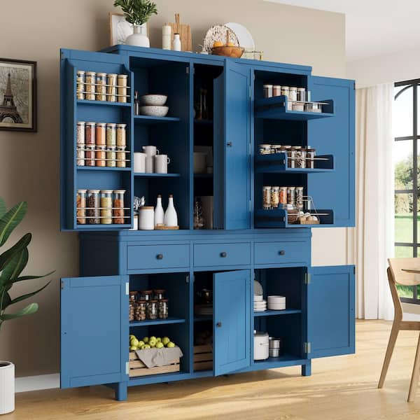 Freestanding MDF Blue 74.8 in. H Storage Cabinet with Pull-out Trays, 7 Adjustable Shelves, 3 Drawers and 6 Doors