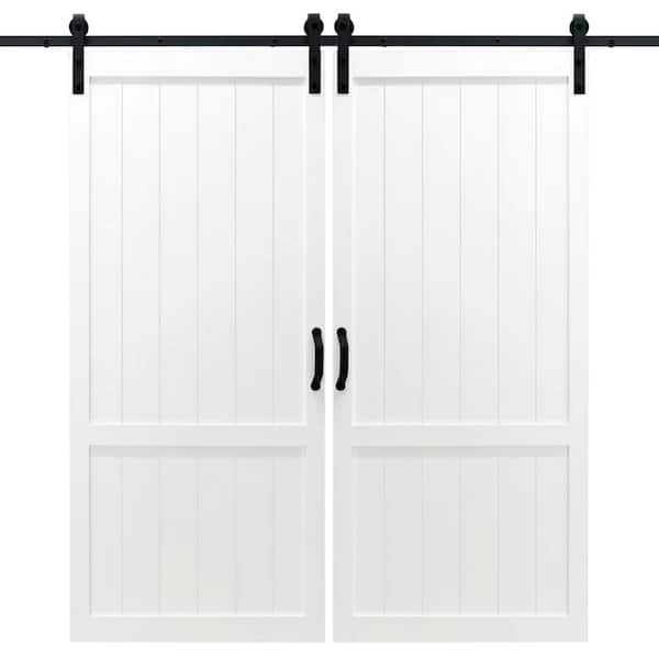 Dogberry 42 in. x 84 in. White Country Vintage Wood Double Sliding Barn Door with Hardware Kit