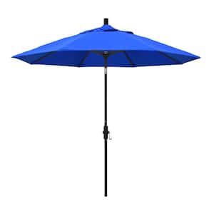 9 ft. Black Aluminum Pole Market Aluminum Ribs Collar Tilt Crank Lift Patio Umbrella in Pacific Blue Sunbrella