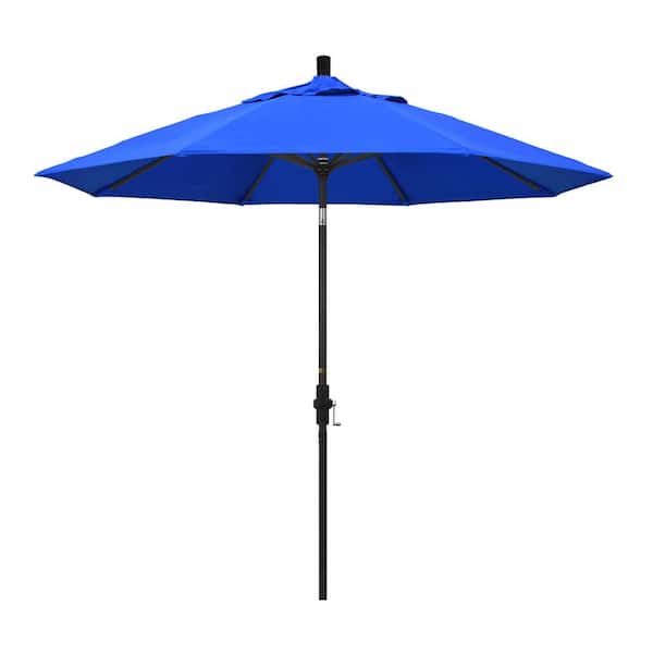 California Umbrella 9 ft. Black Aluminum Pole Market Aluminum Ribs Collar Tilt Crank Lift Patio Umbrella in Pacific Blue Sunbrella