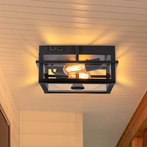 11 in. 2-Light Black Motion Sensing Dusk to Dawn Non-Dimmable No Bulb Included Outdoor Flush Mount Ceiling Light, 1-Pack