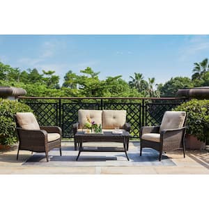 Brentwood 4-Piece Wicker Patio Conversation Deep Seating Set with Beige Cushions