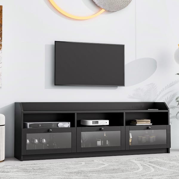 Harper & Bright Designs Modern Design Black TV Stand Fits TVs up to 65 in. with Acrylic Board Door and Black Handles