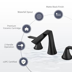 Modern 8 in. Widespread Double Handle Bathroom Faucet with Drain Kit Included in Matte Black