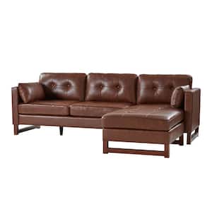 Dimitri Mid-century Genuine Leather Reversible Sectional With Solid Wood Legs-BROWN