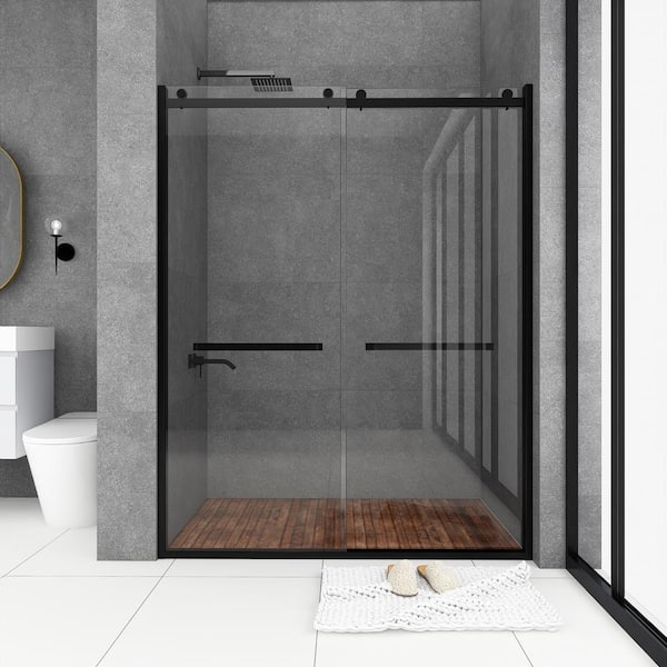Boosicavelly 60 in. W x 76 in. H Double Sliding Frameless Shower Door in Matte Black Finish with Tempered Glass