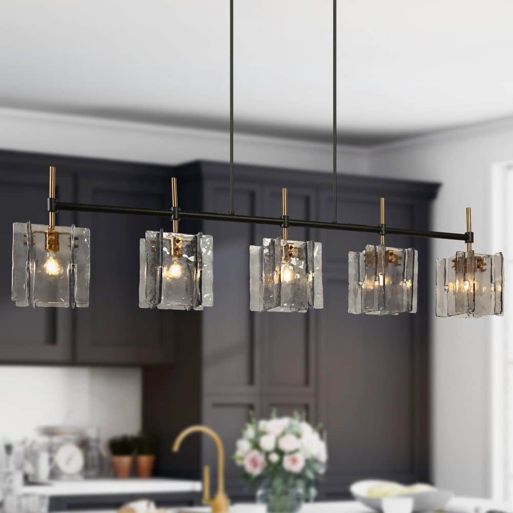 Echonalyri Modern 5-Light Matte Black and Plated Brass Island Chandelier with Gray Textured Glass Shades for Dining Room price history on PriceWatchPro