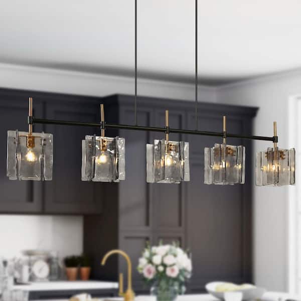 Echonalyri Modern 5-Light Matte Black and Plated Brass Island Chandelier with Gray Textured Glass Shades for Dining Room