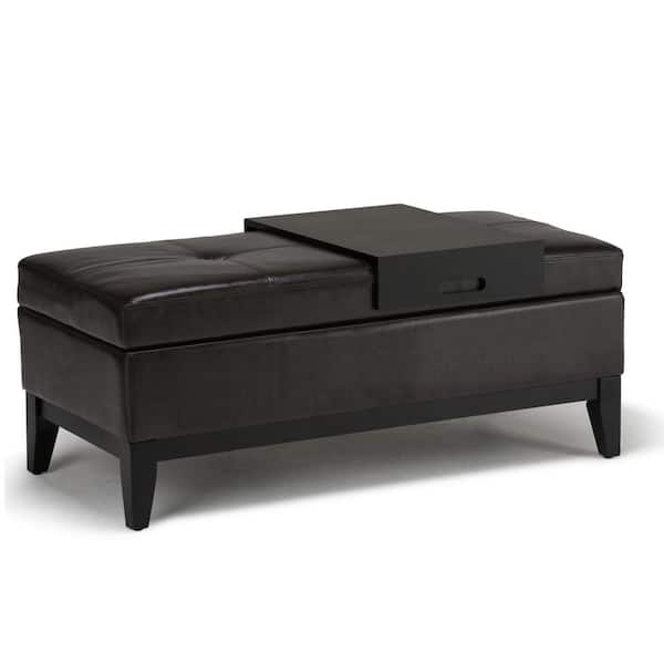 Simpli Home Oregon 42 in. Wide Contemporary Rectangle Storage Ottoman Bench with Tray in Tanners Brown Faux Leather